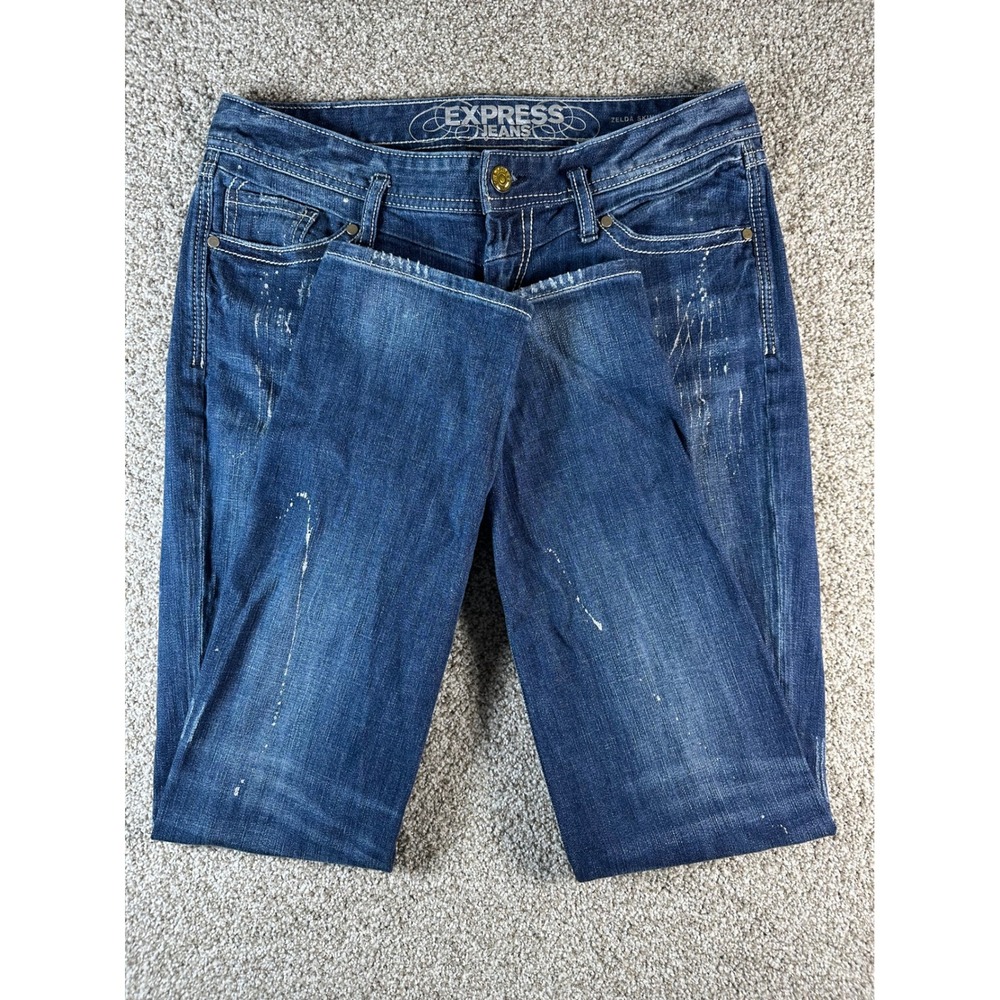Express Zelda Skinny Jeans Womens 8 Medium Wash Distressed Paint Splatter Blue